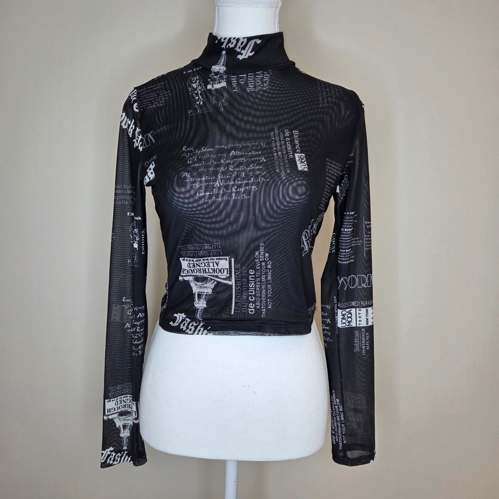 Cropped Sheer Newspaper‎ Print Mesh Mock Neck Top Black White Just Polly Small